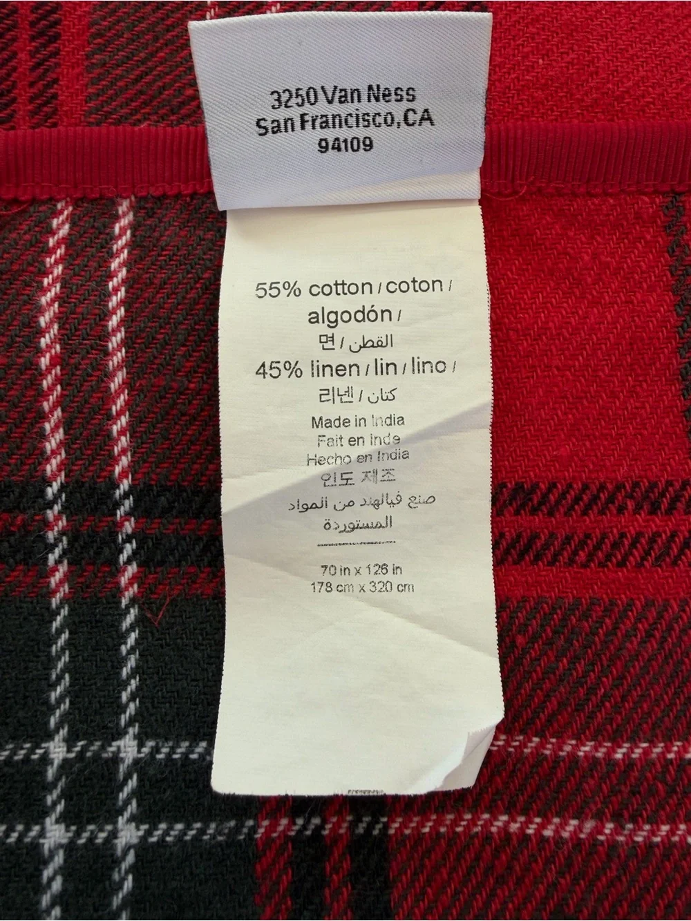 Williams Sonoma Red Tartan Plaid Cotton Linen Tablecloth 70 x 126 Holiday